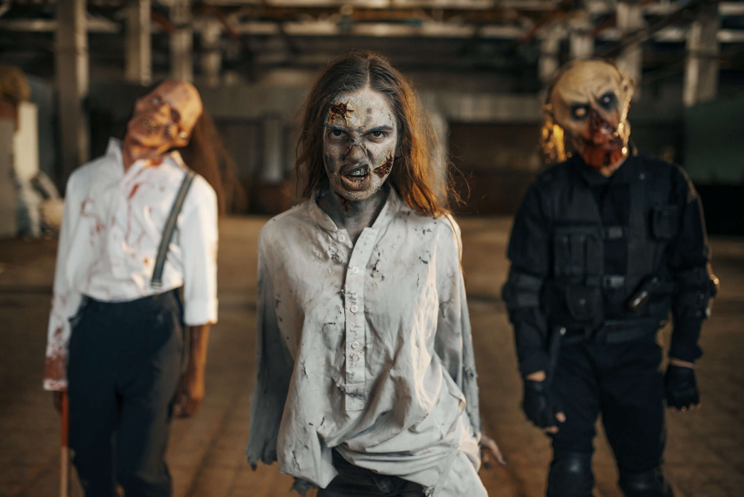 Zombies looking for fresh meat in abandoned factory, scary place. Horror in city, creepy crawlies attack, doomsday apocalypse, bloody evil monsters